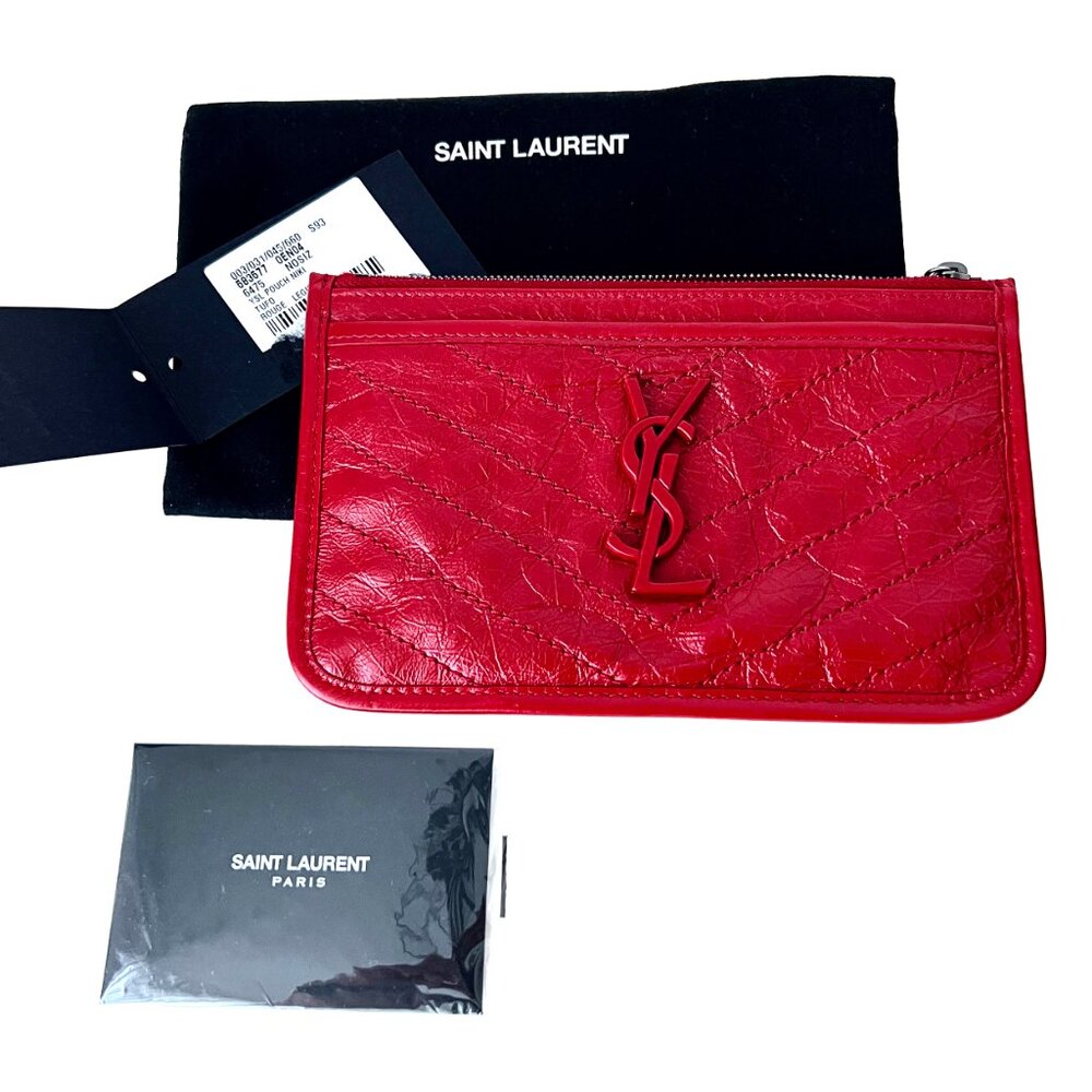 SAINT LAURENT Niki Crinkled Leather Bill Pouch – Red